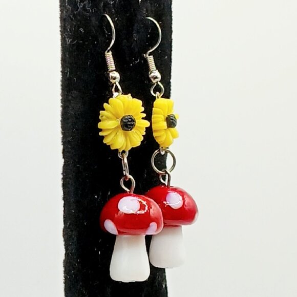 Cute Yellow Sunflower Red Mushroom Hypoallergenic Dangle Earrings - Spencer's - Picture 3 of 3